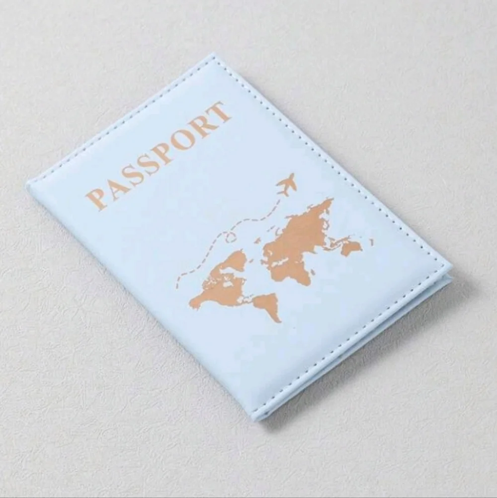 Light Blue Passport Holder Cover with Gold World Map
